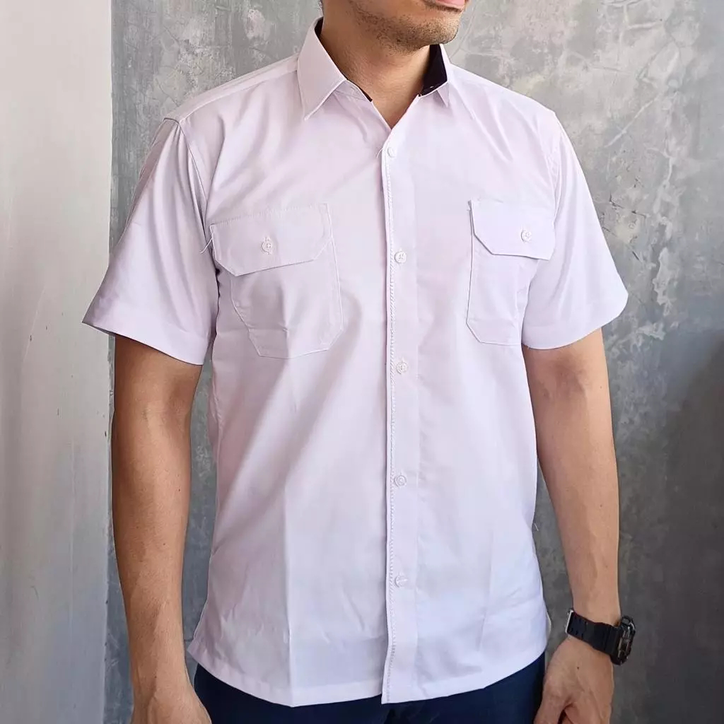 Kemeja Dinas Pria Putih Kerah Dalam Hitam Benang Rantai Ulir Fenton Roche Lengan Pendek