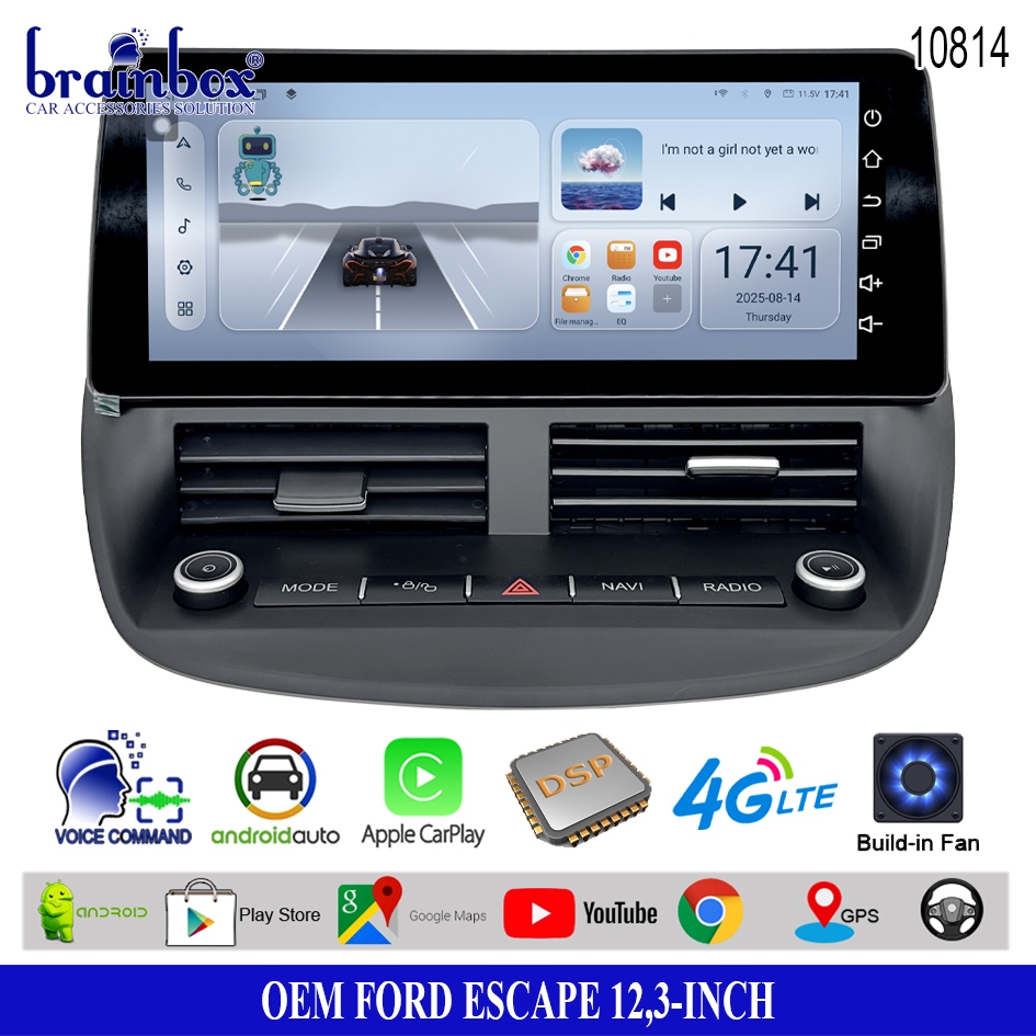 Brainbox Headunit Android 12,3 Inch Ford Escape 8GB + 128GB Head Unit TV Mobil 2 Din Double Din Tape