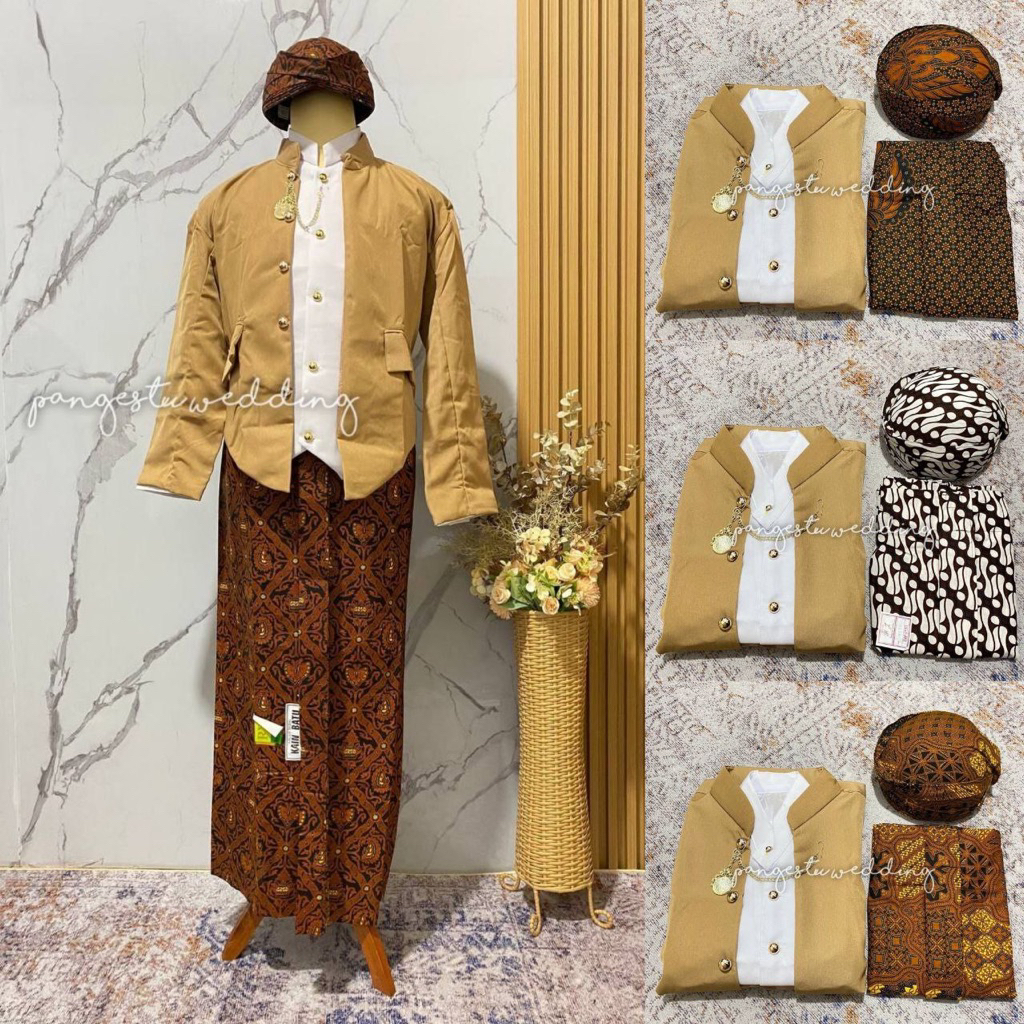 [SB1MC] Set Pakaian Adat Jawa - Beskap Hewes Mocca + Jarik Instan Sudah Jadi + Blangkon Solo