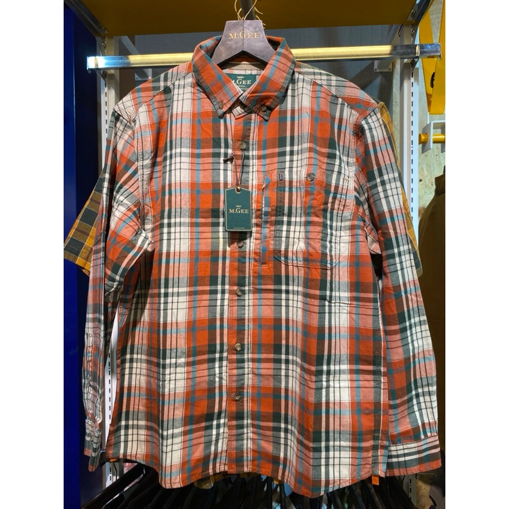 Kemeja Lengan Panjang Motif Kotak Salur Bahan 100% Katun ORIGINAL MGEE JASON COO8 ORANGE