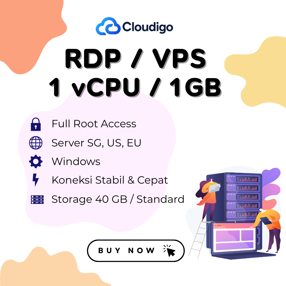 RDP / VPS 1 vCPU - 1GB RAM Windows Server Full Admin Murah Bergaransi 1 Tahun Full - Cloudigo