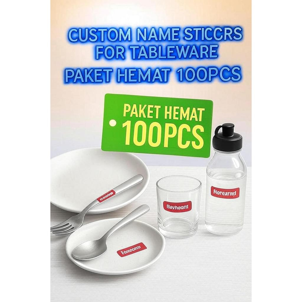 

Custom Stiker Nama Waterproof Timbul 100Pcs Stiker Nama Piring Sendok Botol Gelas Perabotan label