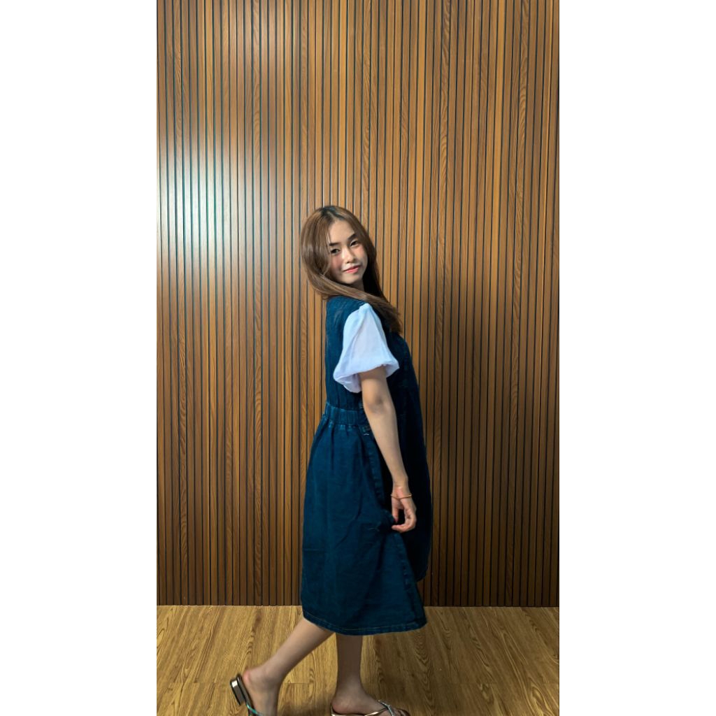 DRES JEANS LENGAN PENDEK WANITA GAUN MIDI