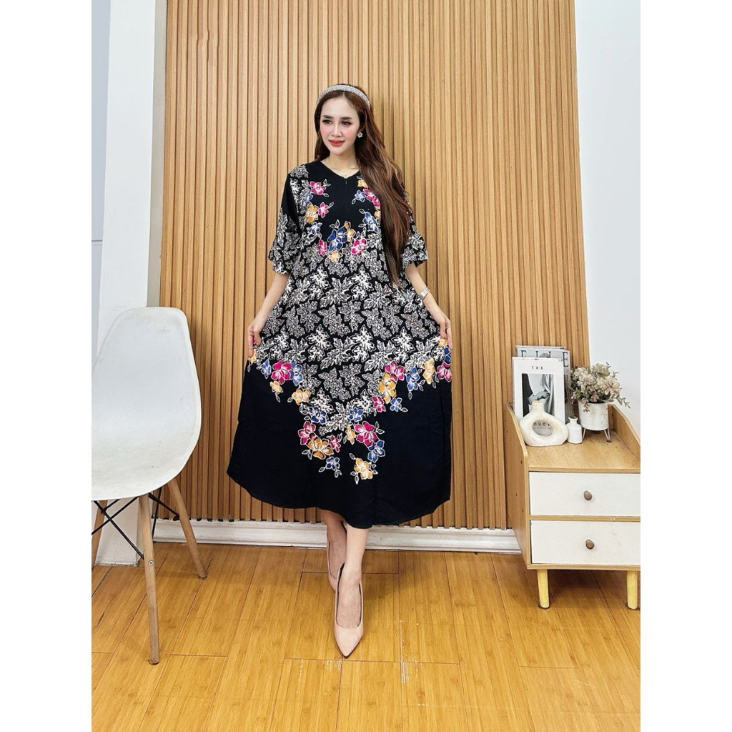DASTER BATIK ENCIM KHAS PEKALONGAN DASTER WANITA MOTIF BUNGA RESLETING DEPAN