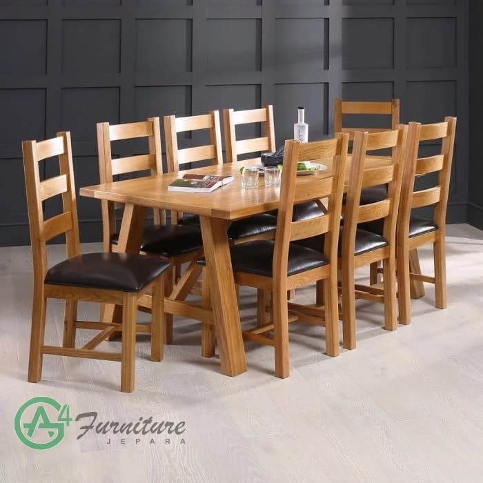 Set Meja Makan Kayu Jati 8 Kursi Tresle