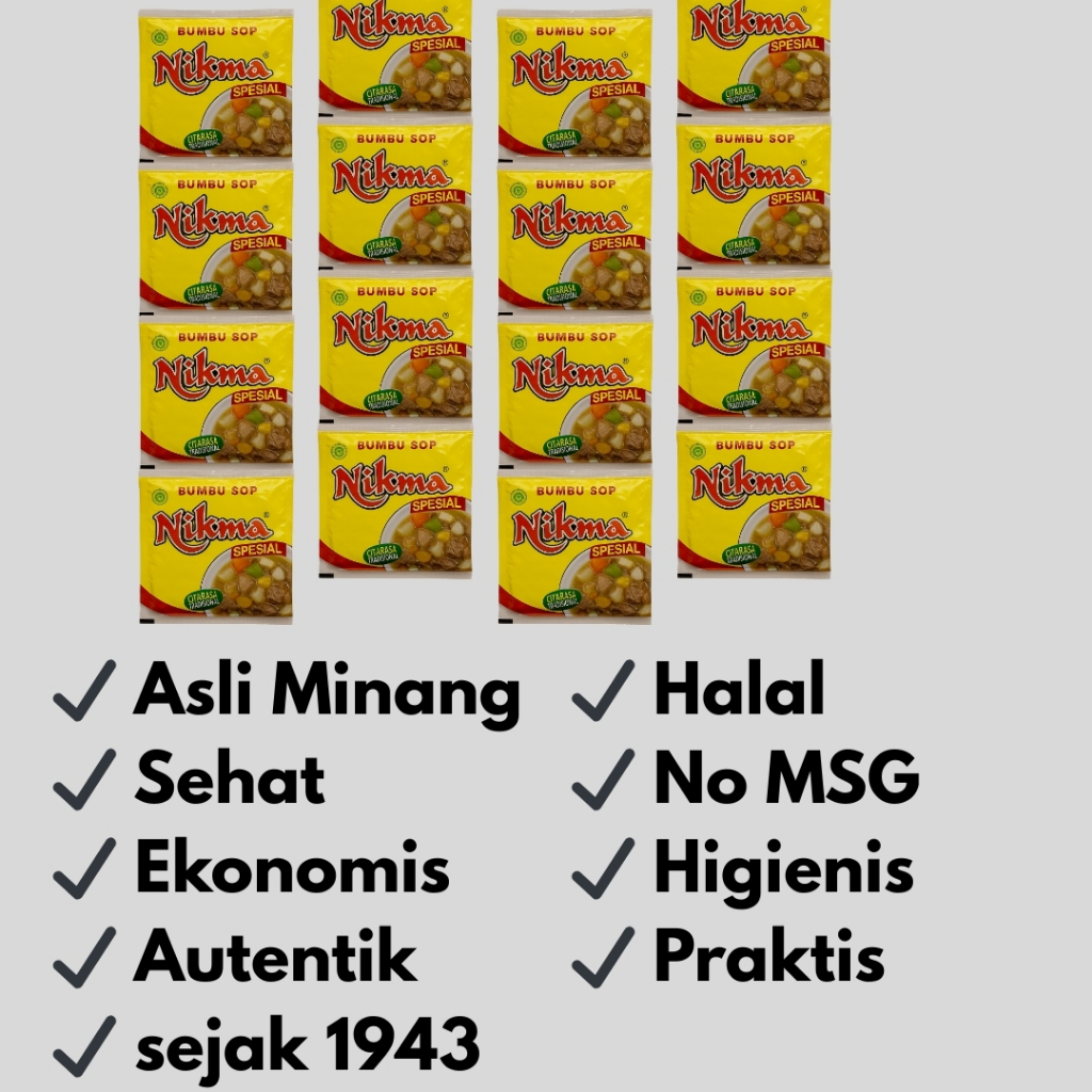 

Bumbu Sop NIKMA Sachet 5g Isi 12 PIRT Halal Minang Tradisional Resep Padang