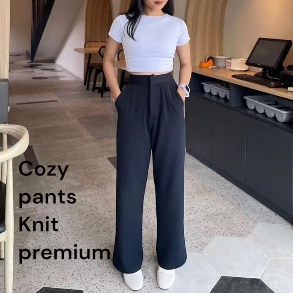 Celana Panjang Wanita Highwaist Knit Premium Cozy Pants Kulot Modern