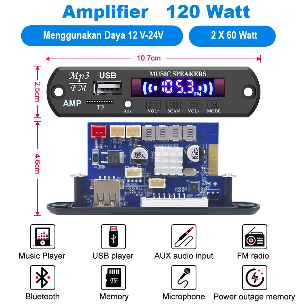 Modul MP3 Bluetooth Hi-Fi Stereo Amplifier Bluetooth 120W Support USB/TF/FM/AUX & Karaoke Microphone