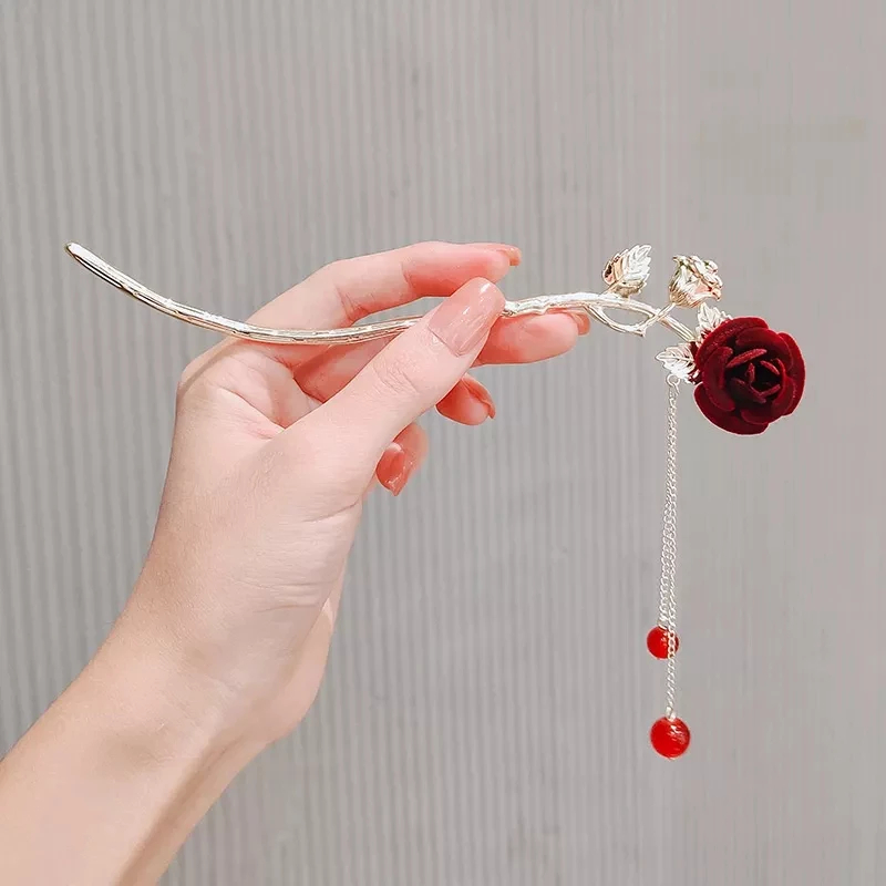 [ Be & Co ] Sirkam Rambut Tusuk Konde Sanggul Wanita Motif Bunga Mawar Merah Gaya China Modern