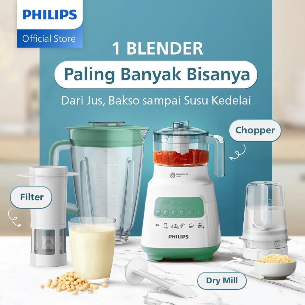Blender Philips Plastik 2 Liter HR2223/30 - Dessert Green Filter Chopper Dry Mill Food Processor Phi