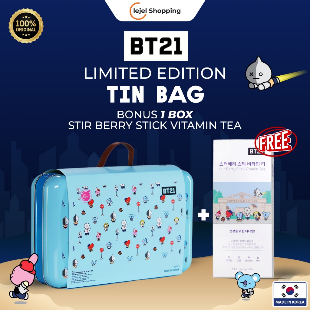 

BT21 Tin Bag Limited Edition Original + Bonus Spesial 1box Stir Berry Stick Vitamin Tea Limited Edition