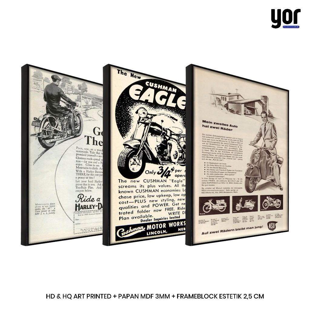 Poster Iklan Sepeda Motor Vintage Jadul Bingkai Frameblock - Pajangan Dinding Estetik Vintage