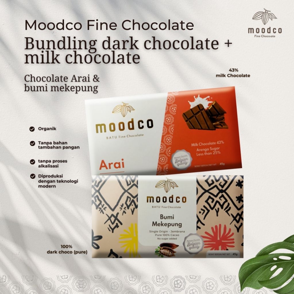 

Moodco Fine Chocolate | Bundling 2 varian Cokelat Bar Bumi Mekepung & Arai | Single Origin 100% & Dark Milk Chocolate 45 gr| Real Coklat Bukan Coklat Kompon