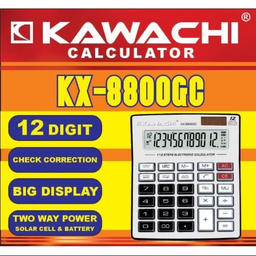 

Kalkulator Pasar Jumbo / Kalkulator Dagang Kawachi, Kx 8800 GC / 12 Digit Big Display
