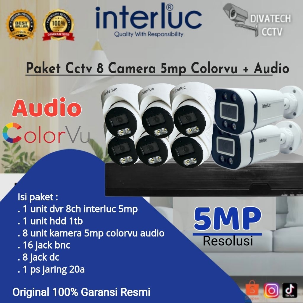 PAKET CCTV 8 CAMERA 5MP COLORVU AUDIO INTERLUC INDOR/OUTDOR MEREKAM SUARA DAN GELAP TETAP WARNAPAKET