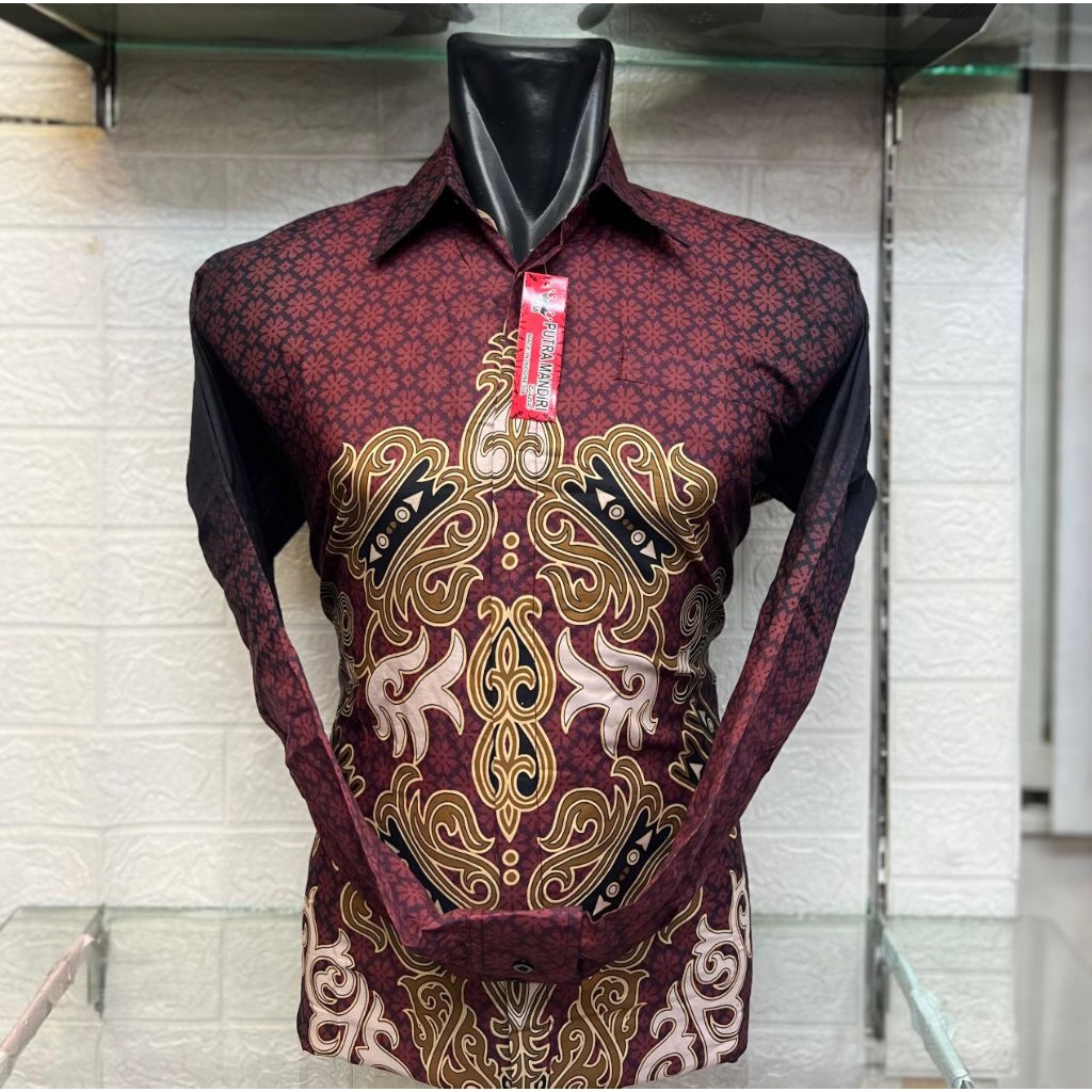 Grosir Batik Jakarta,Baju Batik Pria Lengan Panjang Katun Premium Merah maroon