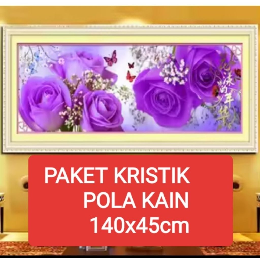 DIY PAKET KRISTIK BUNGA MAWAR UNGU POLA KAIN CROSS STITCH KIT