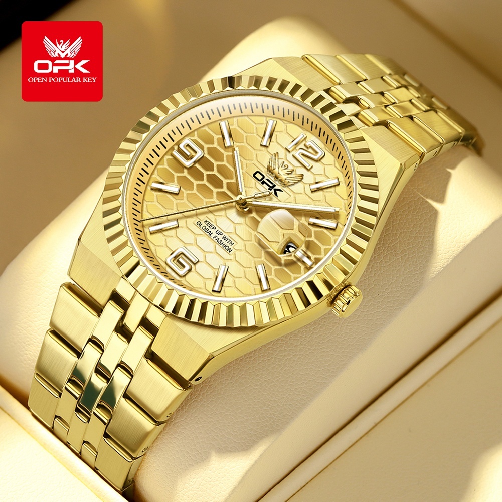 OPK Jam Tangan Pria Anti Air Original Stainless Steel Terbaru Kalender Luminous Watch Emas Model 818