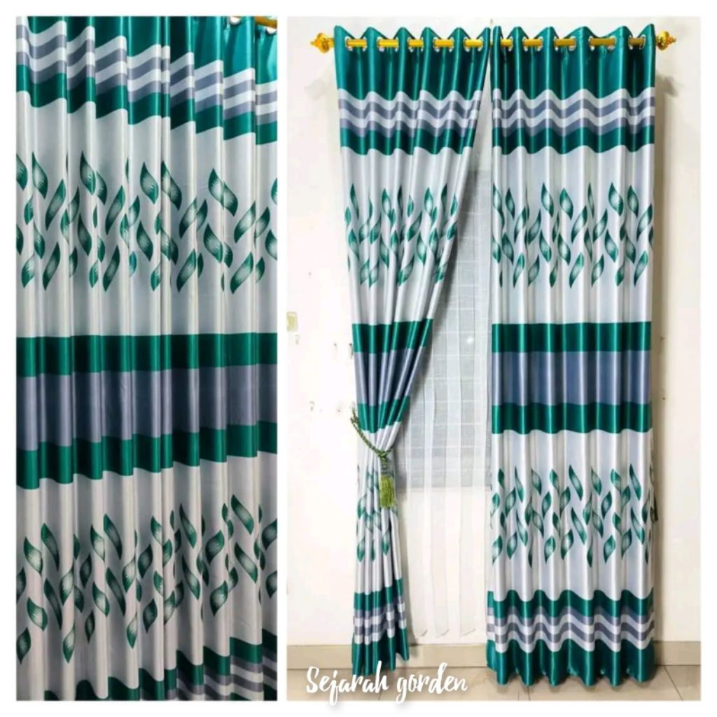 Gorden jendela dan gorden pintu minimalis model poni tempel mewah motif bunga batik terbaru biru abu