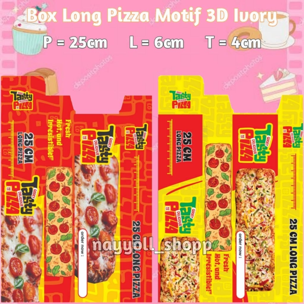 

Box Long Pizza Motif 3D Ivory Ukuran 25×6×4 cm isi 50 pcs / Kardus Tasty Pizza / Wadah Pizza Panjang / Kemasan Long Pizza / Kotak Long Pizza / Bungkus Long Pizza