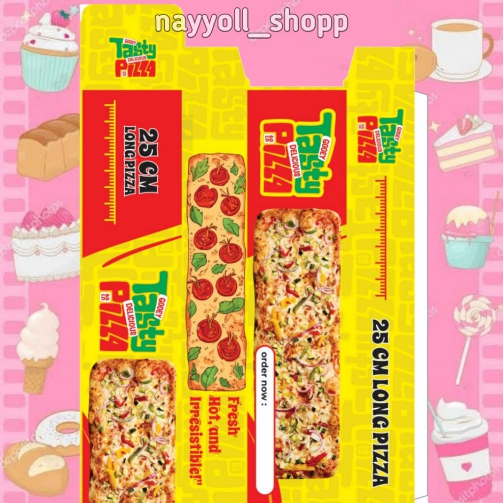 Box Long Pizza Motif 3D Ivory Ukuran 25×6×4 cm isi 100 pcs / Kardus Tasty Pizza / Wadah Pizza Panjan