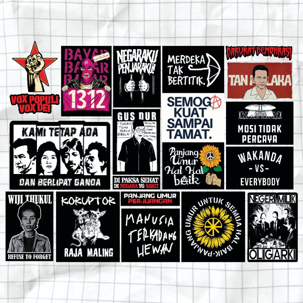 

STIKER 20 PCS TAN MALAKA MARSINAH DPR MERDEKA SAMPAI AKHIR PANJANG UMUR HAL HAL BAIK