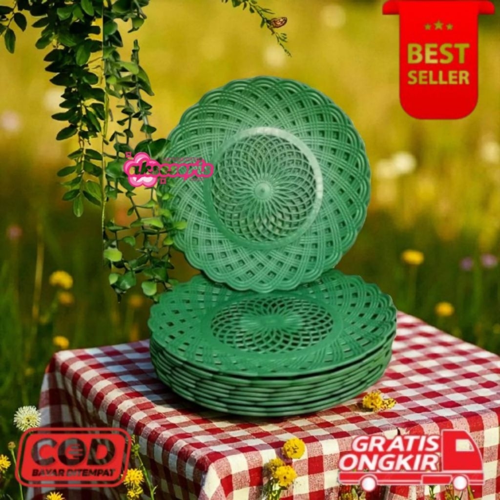 [DAM] 1 lusin piring plastik rotan hijau