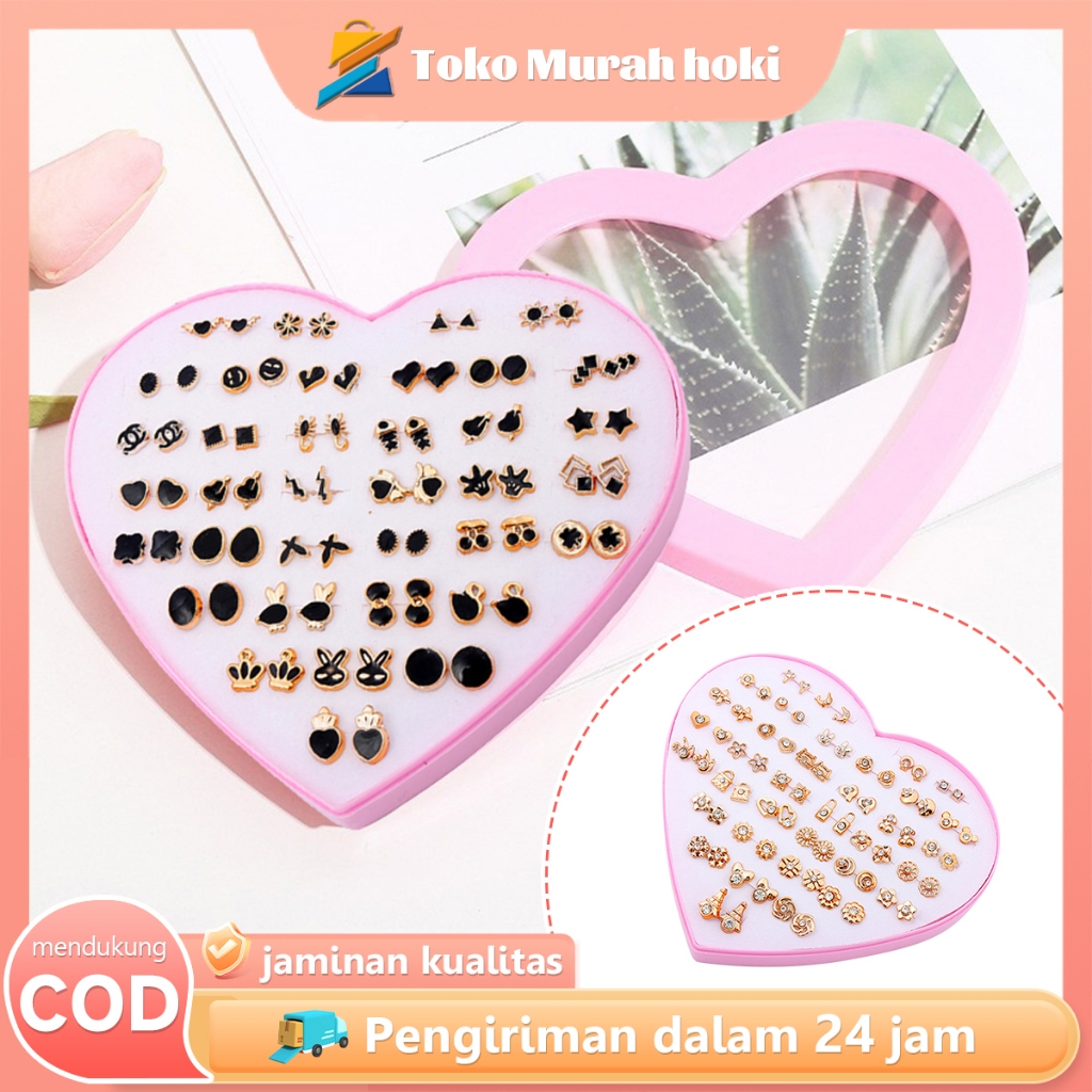 Anting Set 36 Pasang Anting Tusuk Bentuk Hati Kancing Telinga Plastik Stud Earrings Wanita