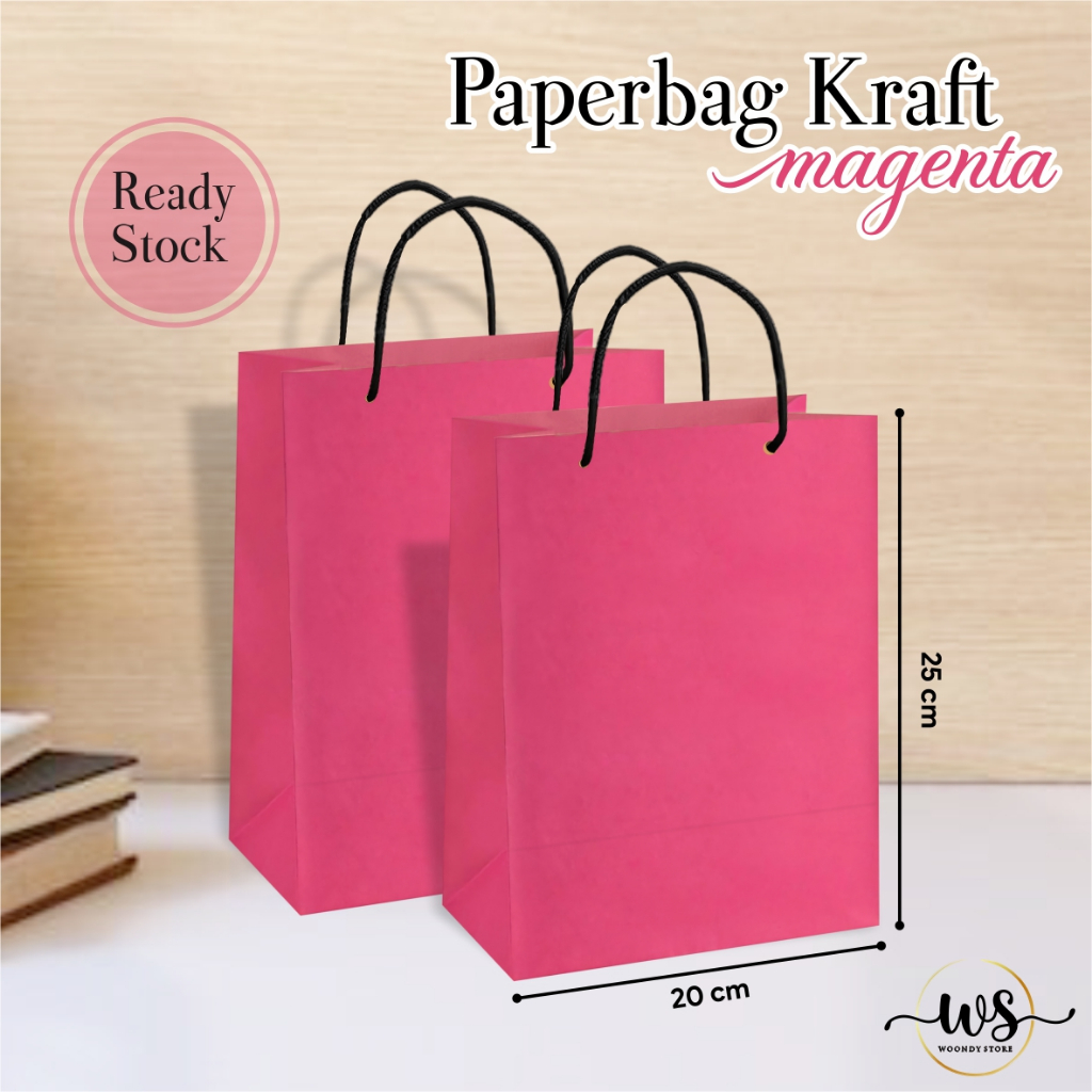 

[12 PCS] PAPER BAG KRAFT MAGENTA READY STOCK PAKET LUSINAN - TAS SOUVENIR PERNIKAHAN UK 20 X 25 X 10