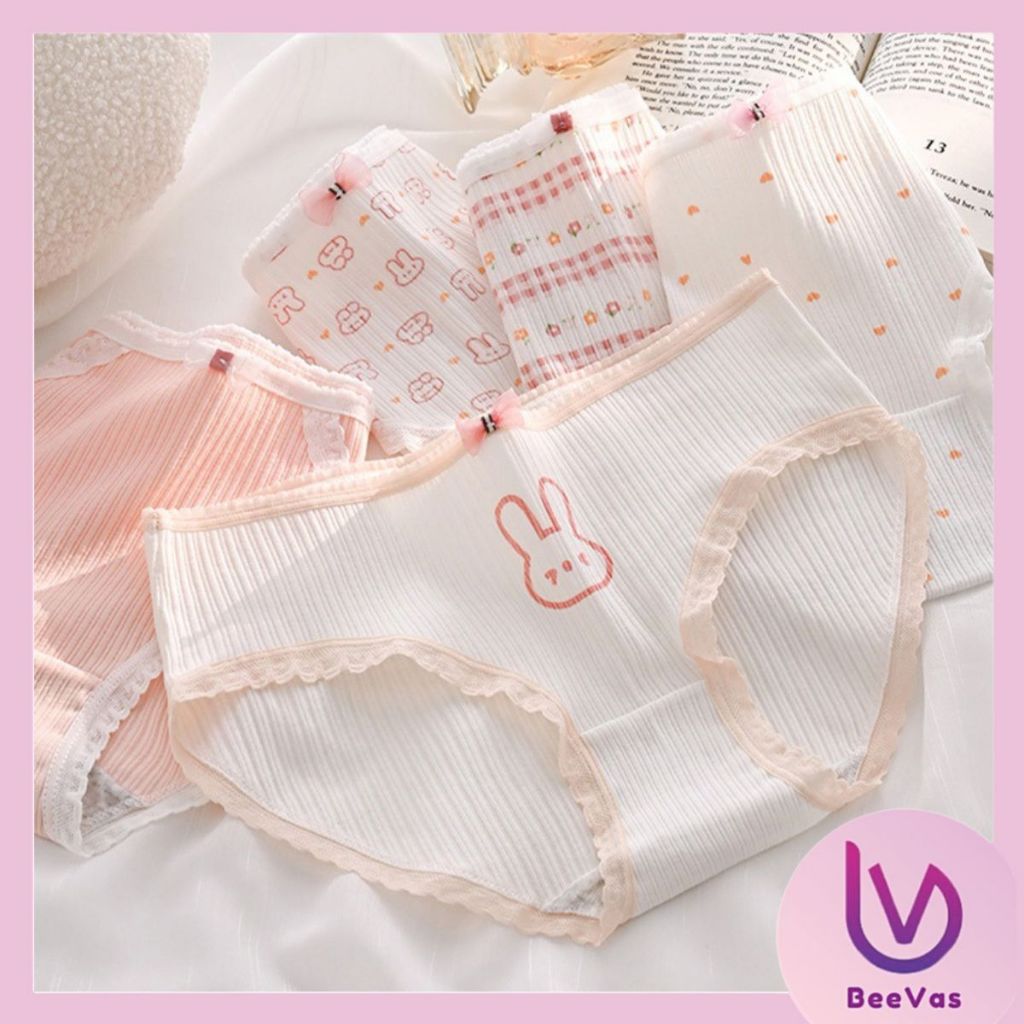 BV.ID CD2149 CD Celana Dalam Katun Renda Pita Wanita Rabbit Head Pink Putih Menyerap Keringat