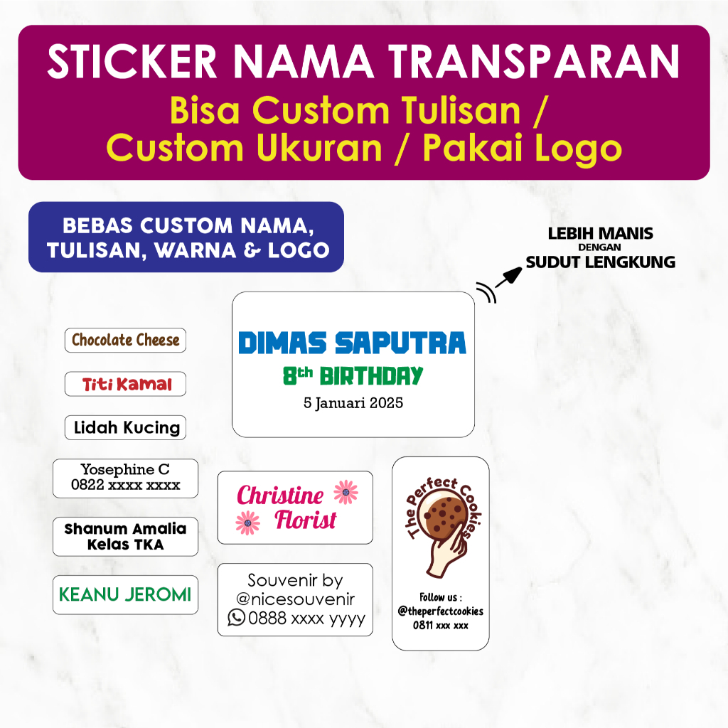 

Sticker Label Transparan Bening Custom Nama Anti Air Waterproof bisa untuk Brosur Pensil Tempat Makan Botol Minum Folder