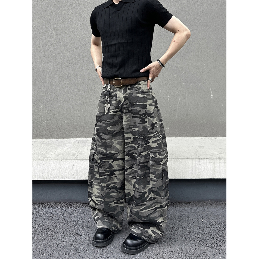 Celana Terusan Multi-Saku Kamuflase Retro Amerika-Jeans Pria-Celana Lurus Longgar-celana kaki lebar