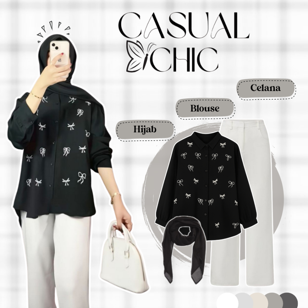 Oneset Wanita Kekinian Korean Casual (Celana Scuba + Blouse Zoya Bordir Pita Hitam + Hijab Segi Empa