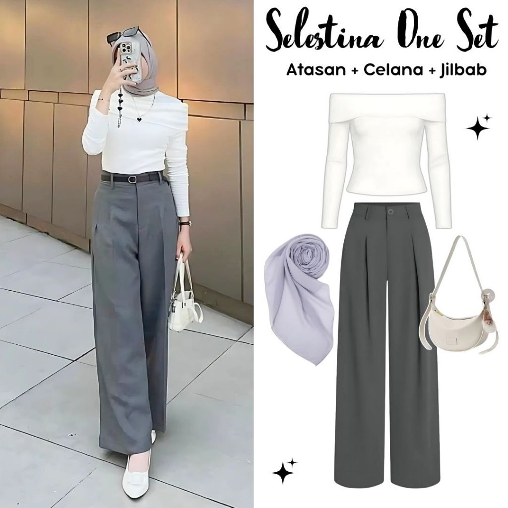 one set atasan + celana kulot + jilbab bellasquare | ootd outfit main hangout kuliah kampus formal k