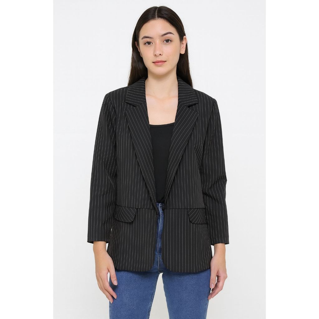 Chloebeautyshop - Blazer Wanita Motif Garis Hitam Putih Stripe - Outer Formal Salur Casual Elegan un