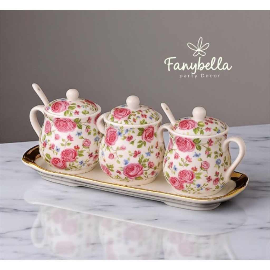 FANYBELLA| Tempat Bumbu Keramik Rak Dapur Set Aesthetic Mewah Import Prasmanan Shabby Chic Queen Ros
