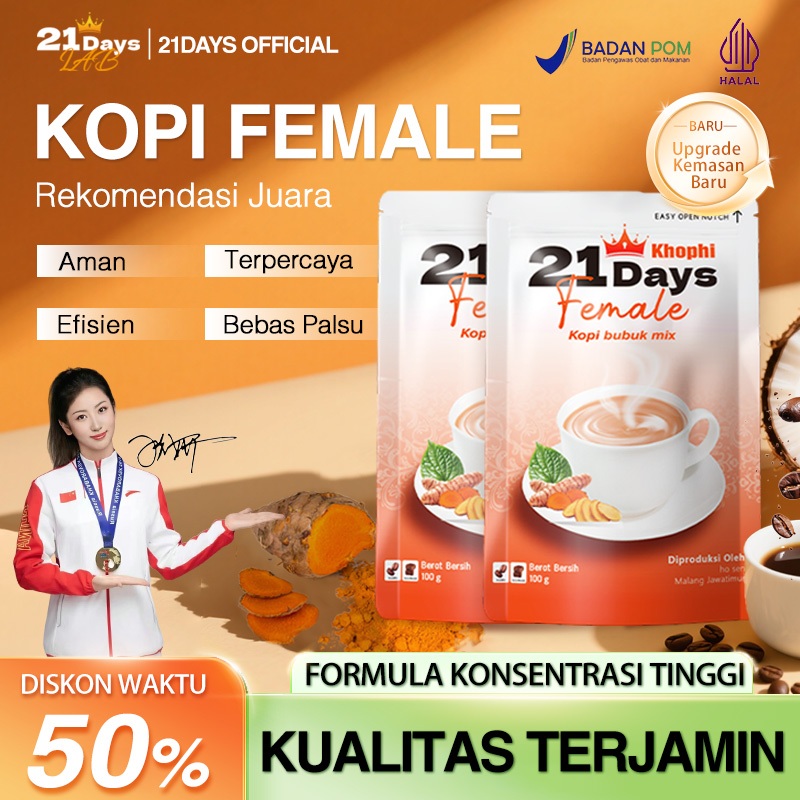 

21Days Coffee Female Coffee – Kunyit, Kacip Fatimah, Daun Sirih, Gula Aren – Rekomendasi Juara Olimpiade