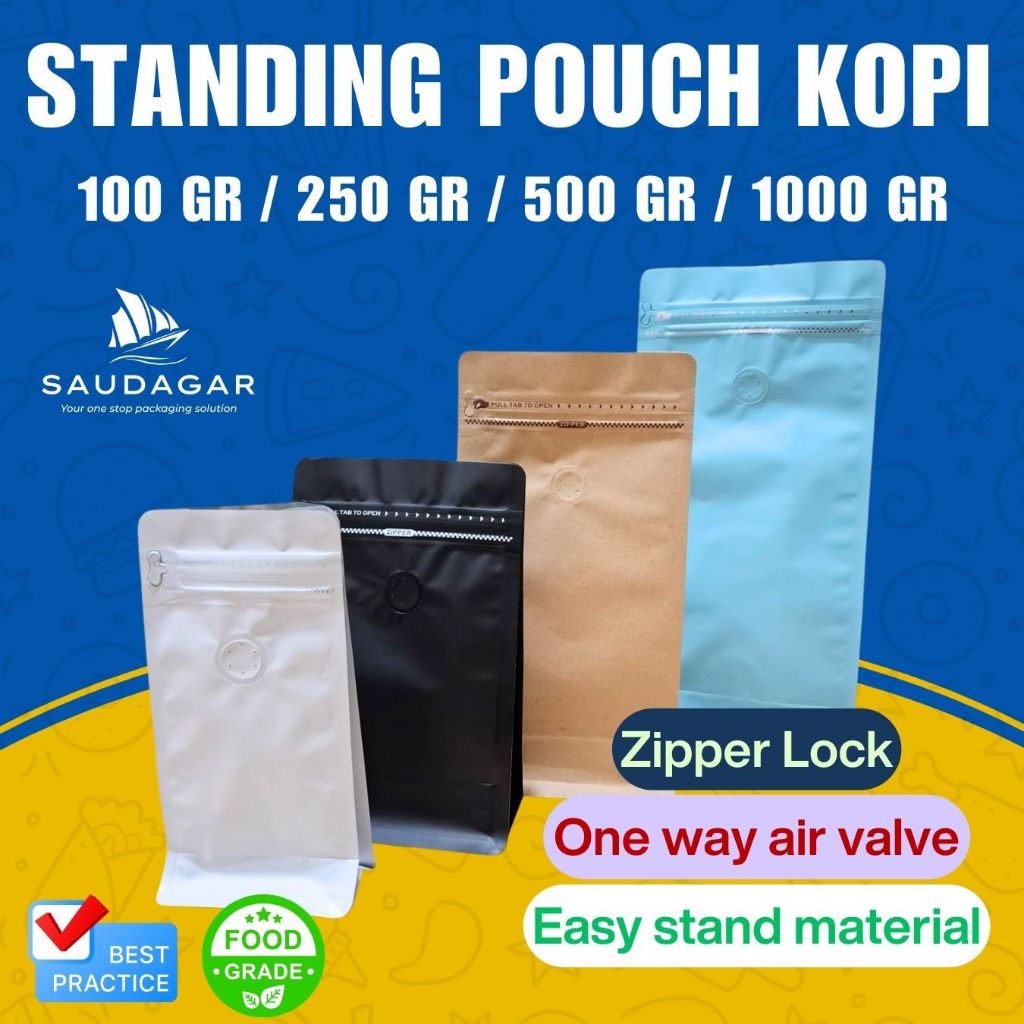 Standing pouch kemasan kopi ukuran 100 gram / 250 gram / 500 gram / 1000 gram