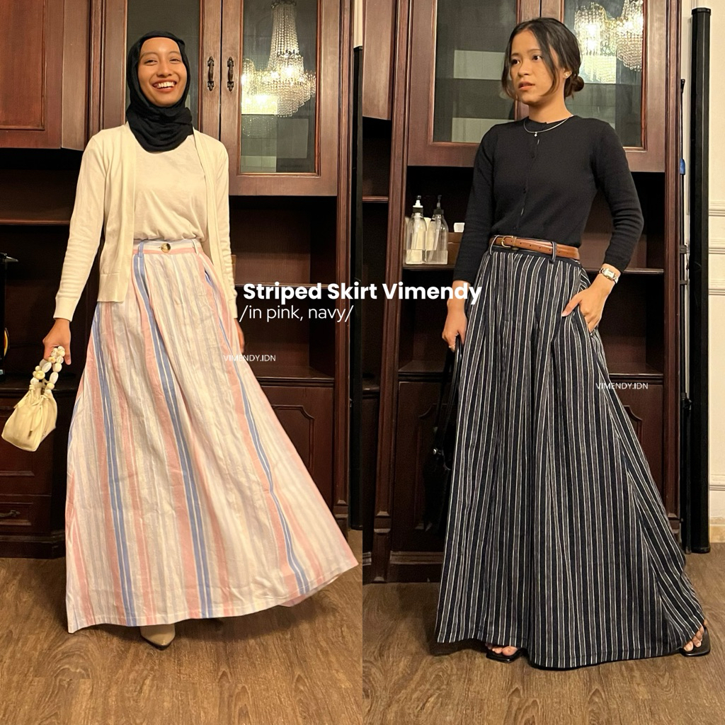 Linen Stripes Skirt Vimendy | Rok Motif Garis | Rok Panjang Salur | Rok Katun