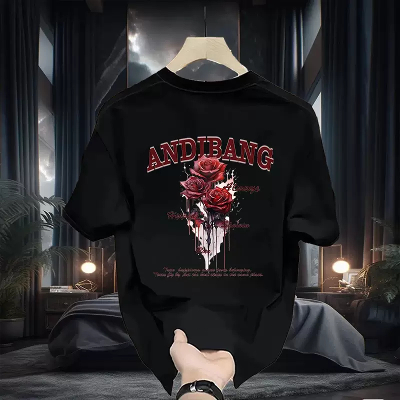 ✅COD✅kaos boxy pria"Kaos Oblong Pendek Warna Hitam Putih Desain Bunga Mawar Teks EGO Kain Katun Unis