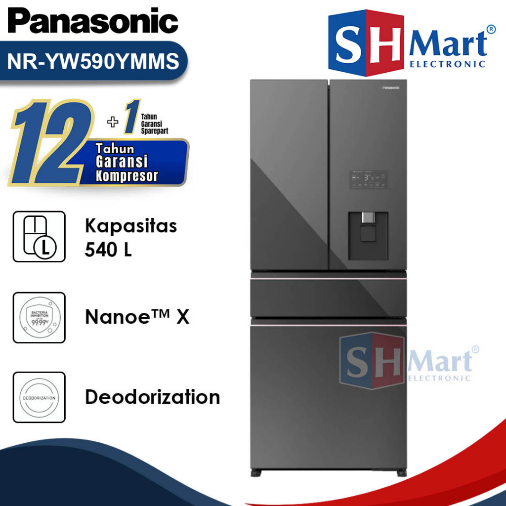 KULKAS 4 PINTU PANASONIC 540 LITER NR-YW590YMMS MULTI DOOR PRIME FRESH NANOE X DARK MIRROR GARANSI R
