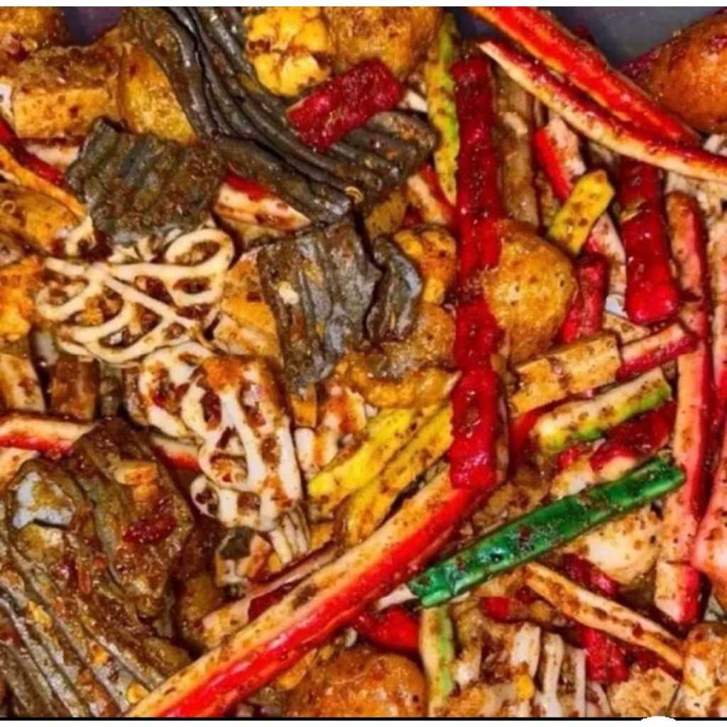 

seblak kering campur basreng bumbu Chili oil daun jeruk balado keju manis cikruh