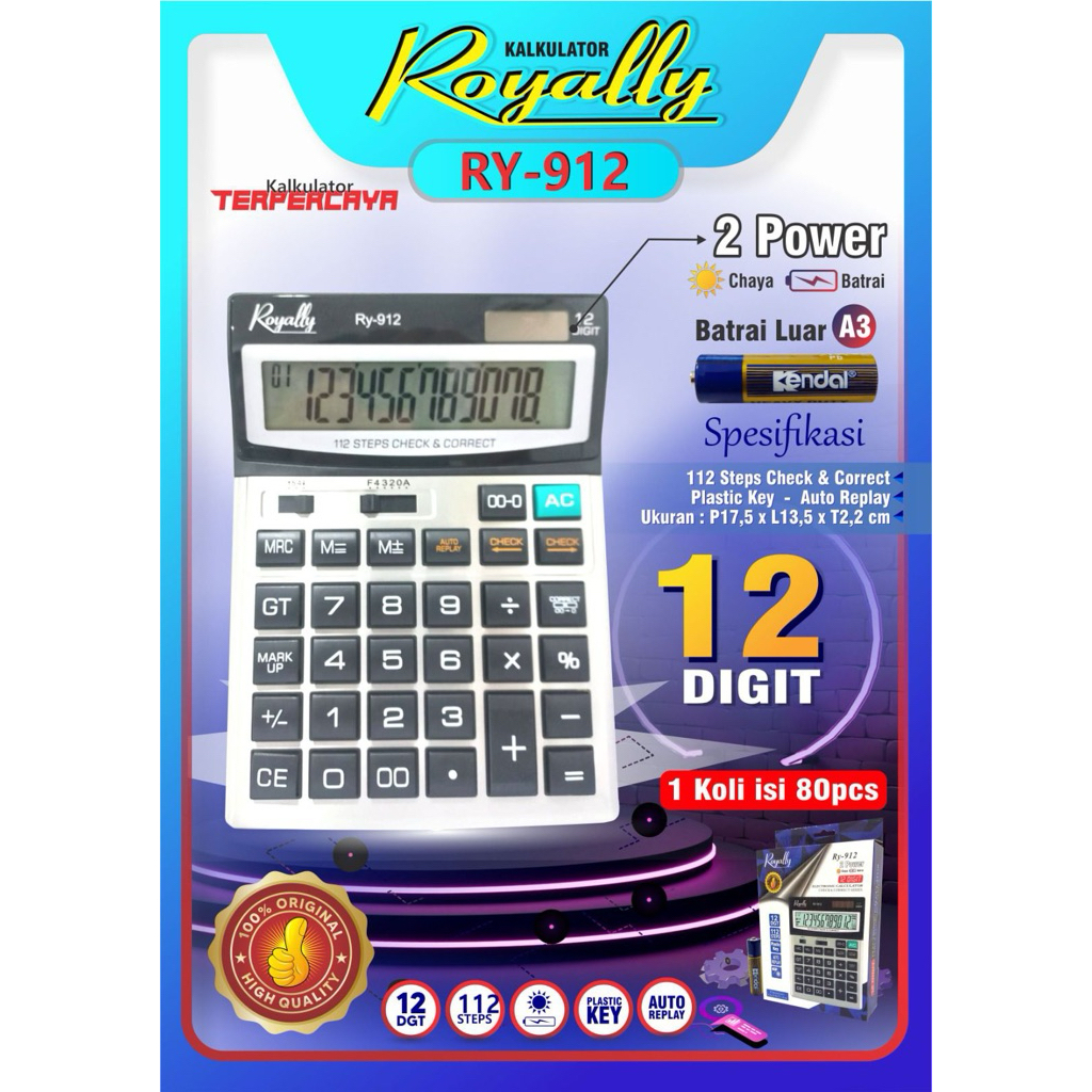 

ROYALLY KALKULATOR 12 DIGIT/ 14 DIGIT ANGKA BESAR TOMBOL ENAK DIPENCET BATTERAI BISA DIGANTI