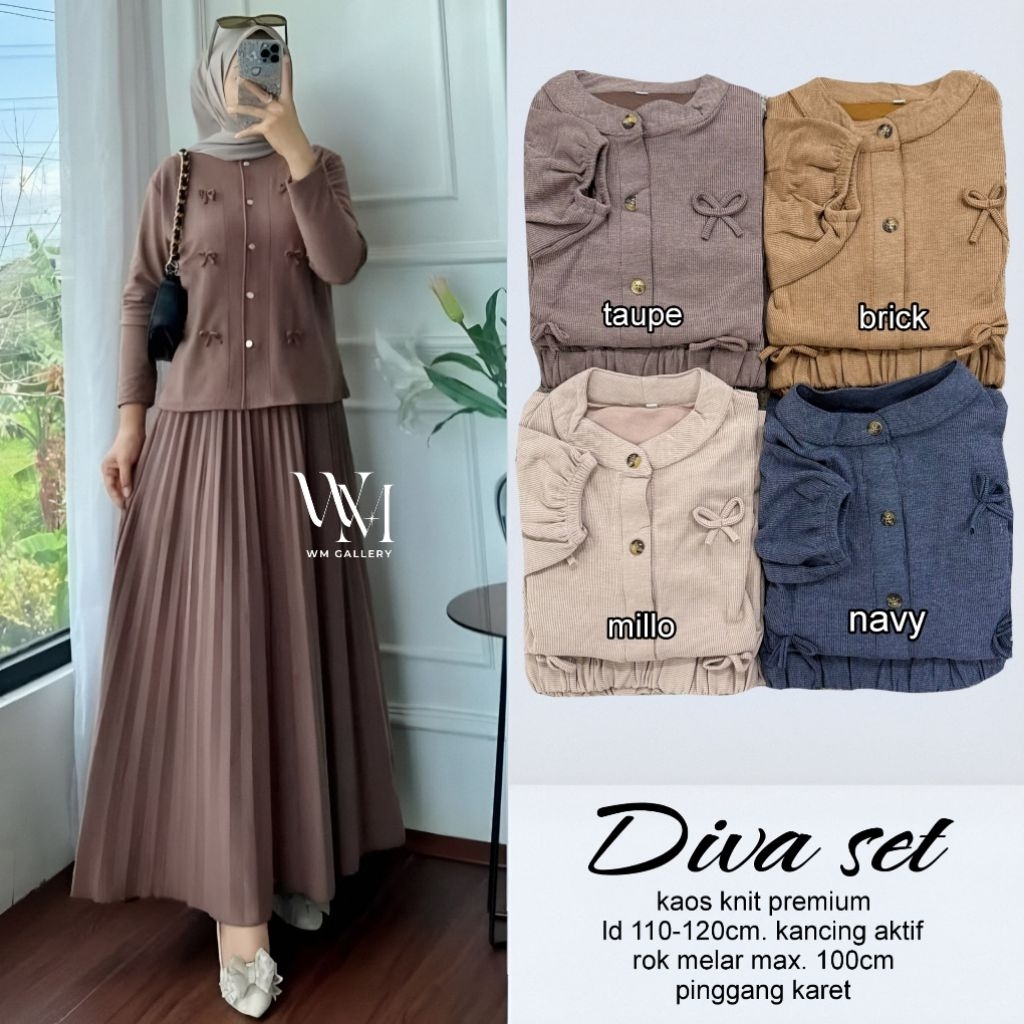 Setelan Baju Muslim Wanita Kekinian Terbaru Diva Set By WM Bahan Kaos Knit Premium LD 110 - 120 Kanc
