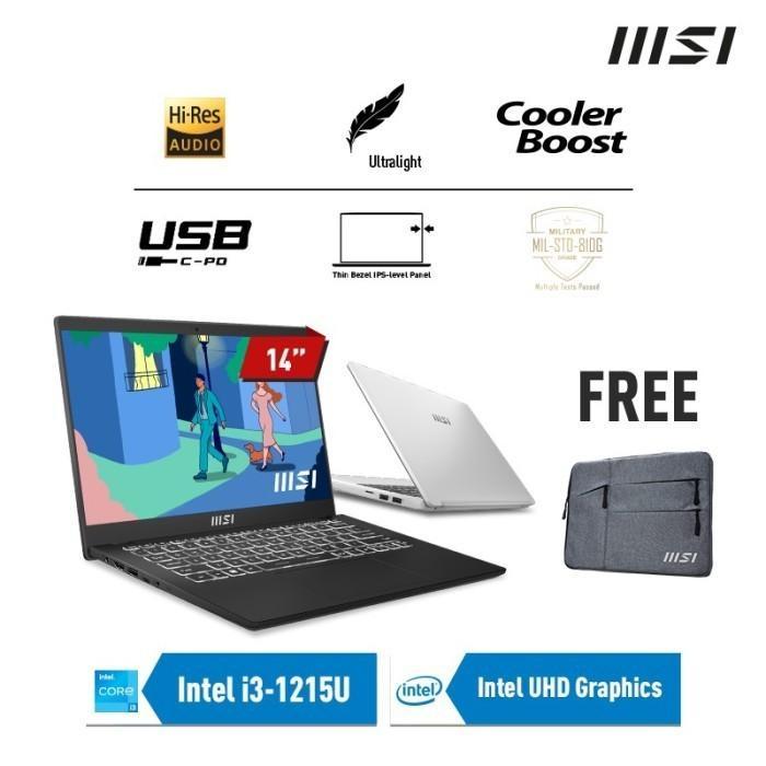 Laptop MSI Modern 14 C12MO 1058 intel Core i3-1215U ram 8GB ssd 256GB 14" IPS W11 OHS Black