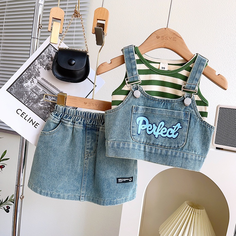 Zephyra BS 790 SETELAN ANAK 3N1 ROMPI CELANA ROK JEANS DALAMAN GARIS HIJAU SIZE 90-150