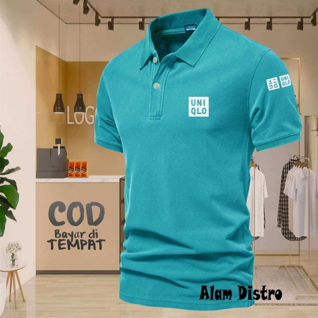 Baju Distro Style Polo Kerah Uniqlo + Lengan Text Hitam Kaos Polo T Shirt Denim Premium Quality Atas