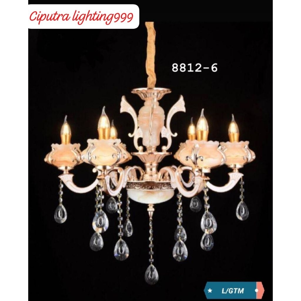 Lampu Gantung Hias Kristal Chandelier Batu Onyx Klasik Modern Ruang Tamu 6 Lampu Mewah