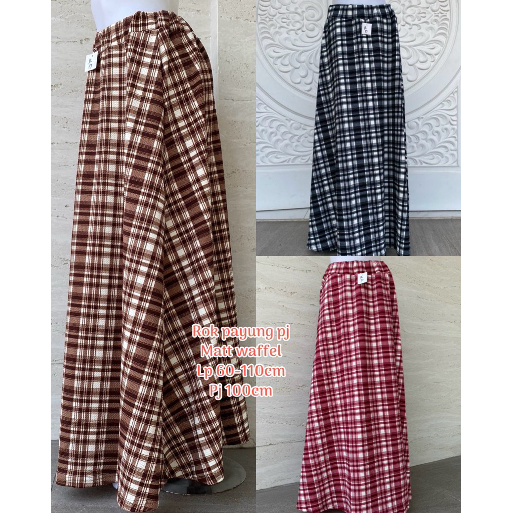 Rok payung panjang wanita bahan waffel motif kotak trend