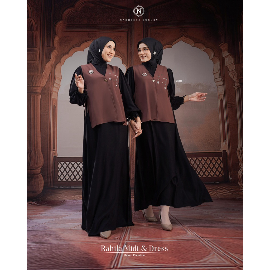RAHILA MIDI DAN DRESS BY NADHEERA LUXURY GAMIS NADHEERA TERBARU BISA COD